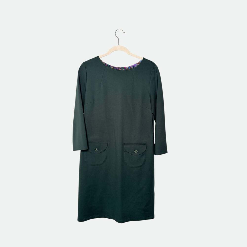 Jude Connally Dark Green 3/4 Sleeve Jersey Shift Dress with Front Pockets Size M